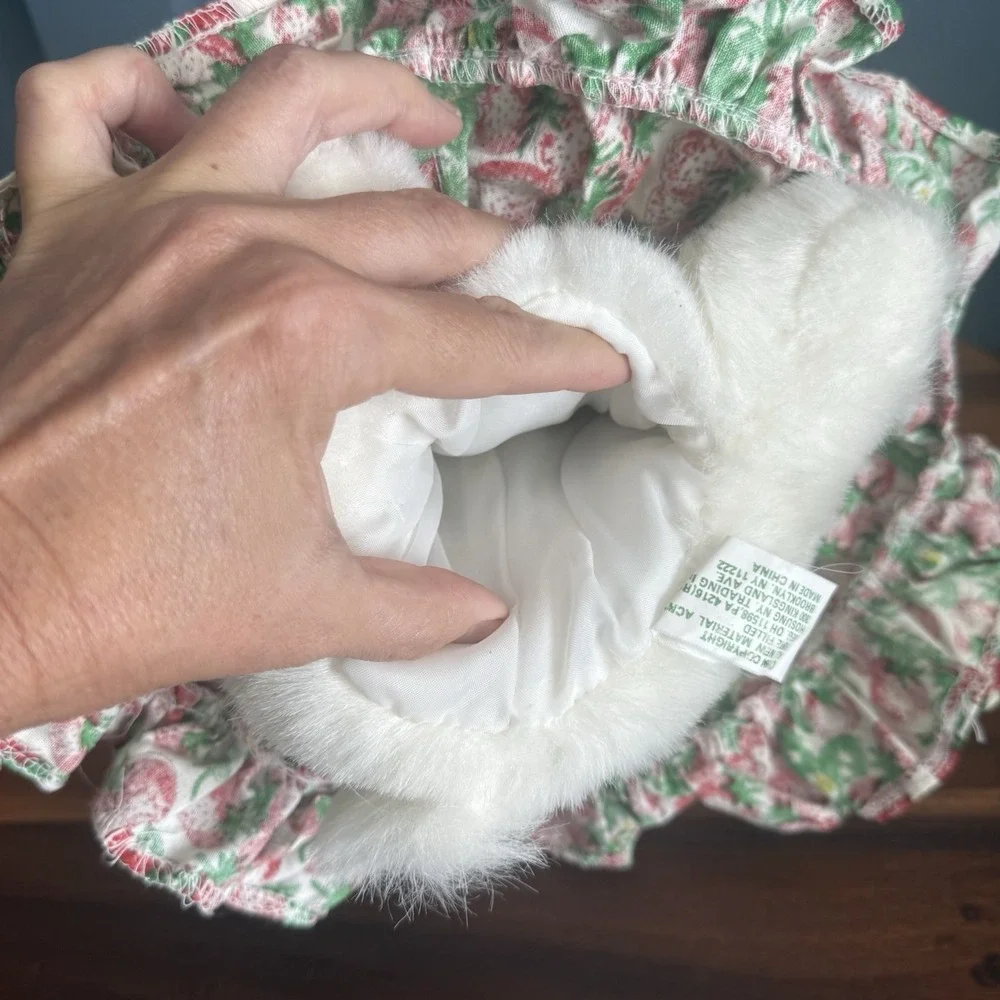 Vintage 1994 Hosung Bunny Rabbit Hand Puppet Plush Strawberry Dress Straw Hat